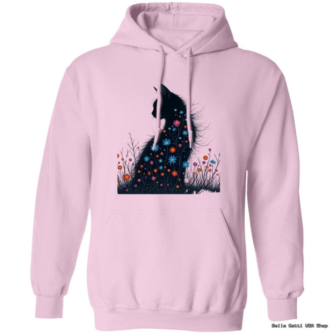 Pink hoodie with floral cat design.