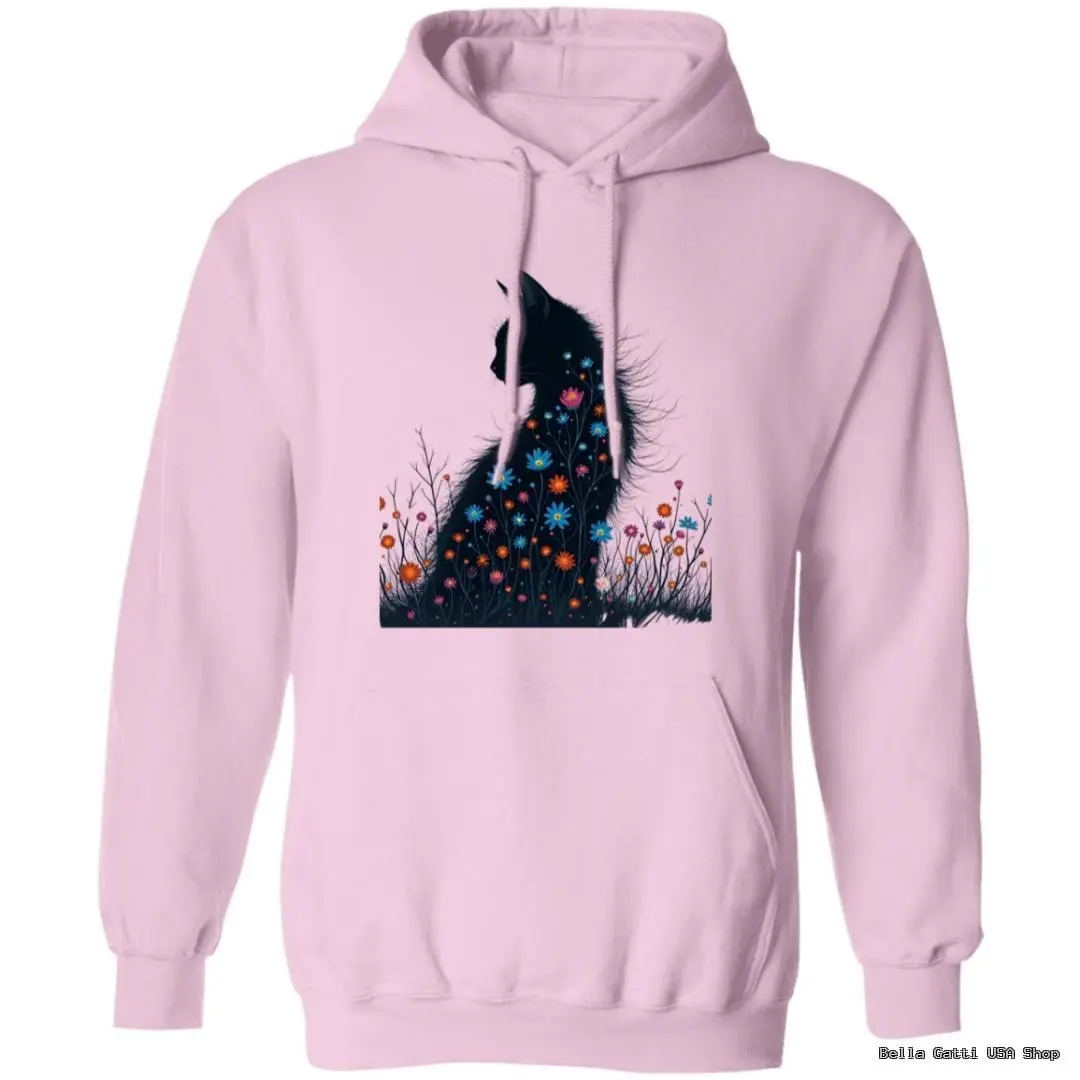 Pink hoodie with floral cat design.