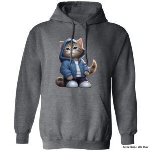 Gray hoodie with cartoon cat in blue jacket.