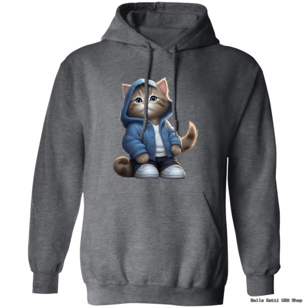 Gray hoodie with cartoon cat in blue jacket.