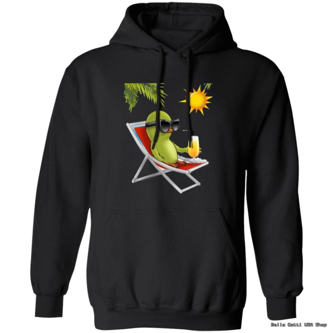 Cartoon penguin on hoodie, lounging with drink.