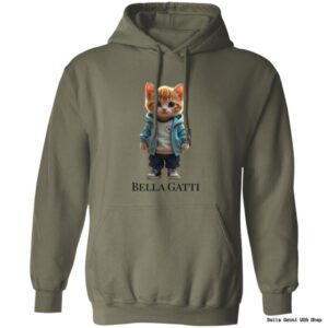 Hoodie featuring cartoon cat in jacket, text Bella Gatti.