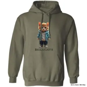 Hoodie featuring cartoon cat in jacket, text Bella Gatti.
