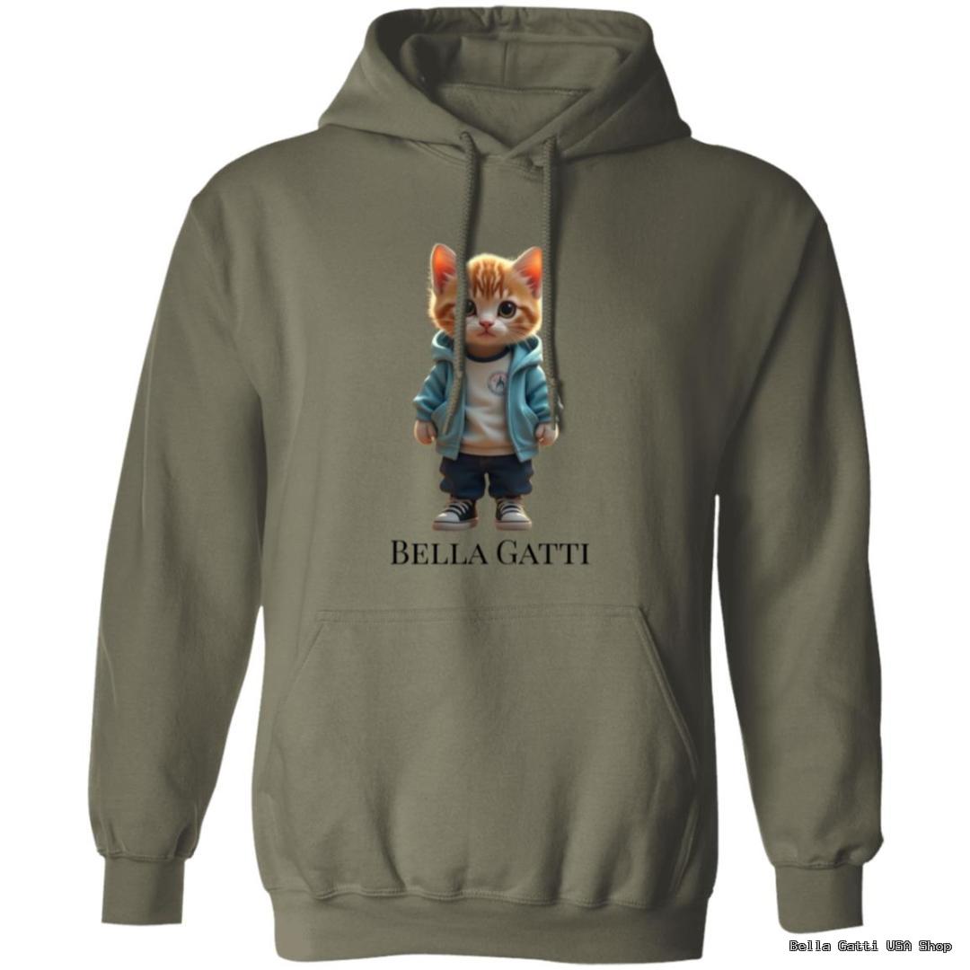 Hoodie featuring cartoon cat in jacket, text Bella Gatti.