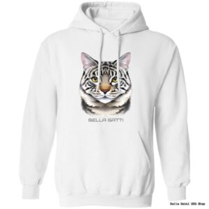 White hoodie with stylized cat face.