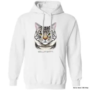 White hoodie with stylized cat face.