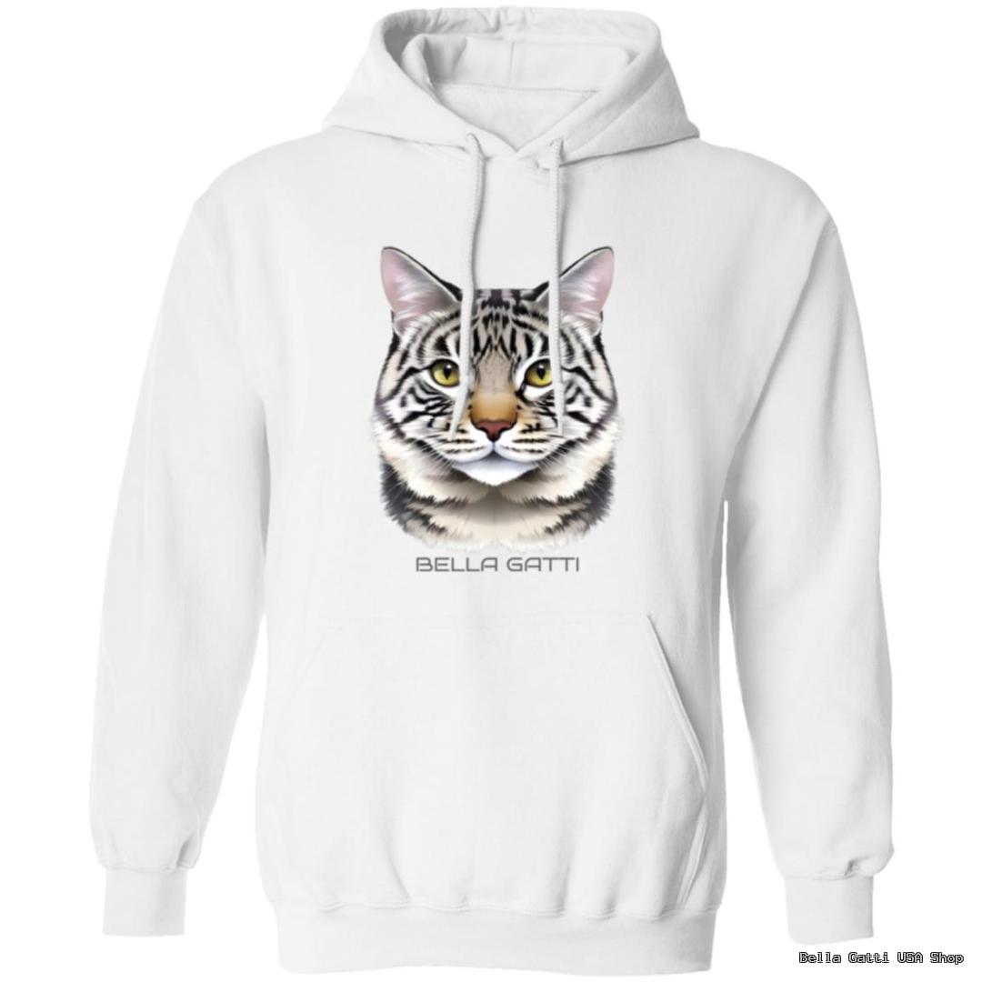White hoodie with stylized cat face.