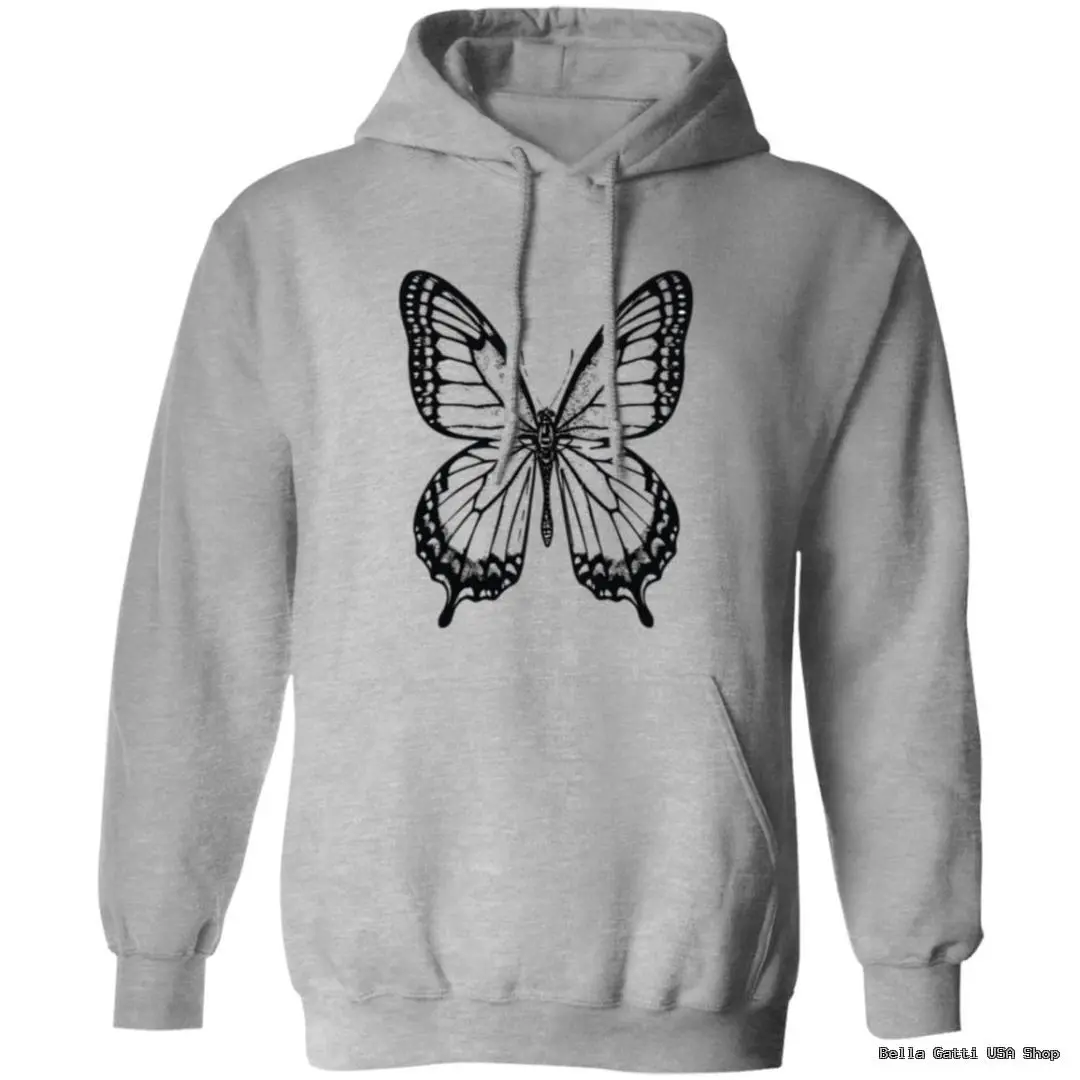 Gray hoodie with black butterfly design.