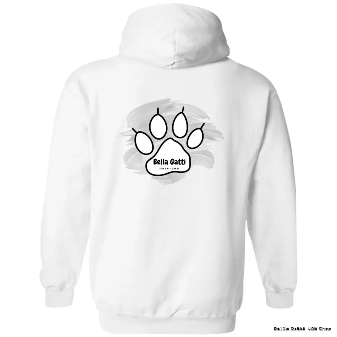 White hoodie with a cat paw print design.