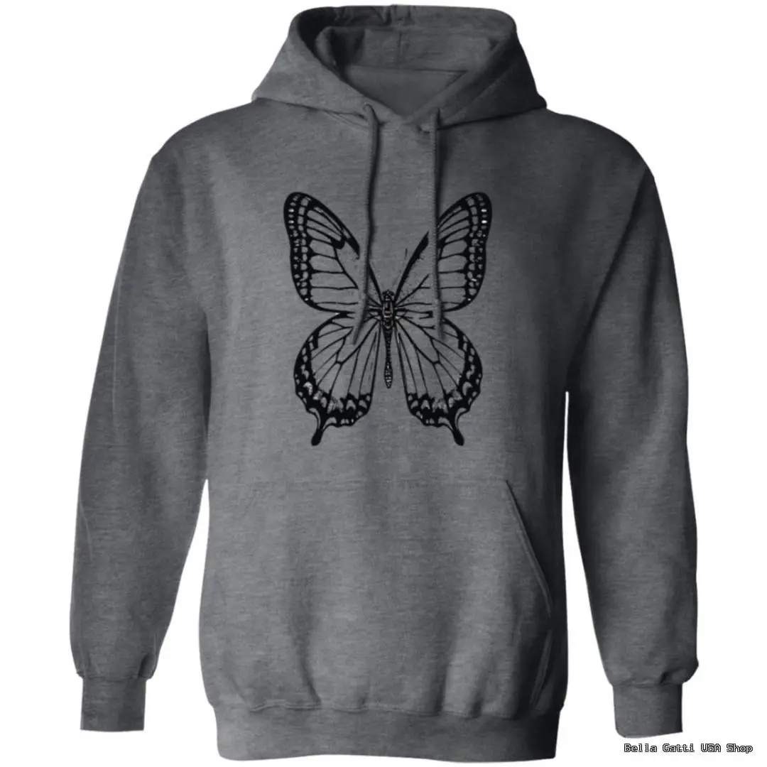 Gray hoodie with black butterfly design.