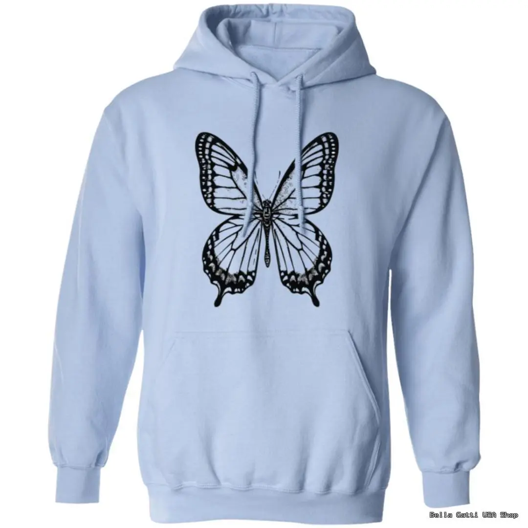 Light blue hoodie with black butterfly design.