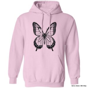 Pink hoodie with black butterfly design.