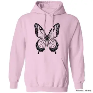Pink hoodie with black butterfly design.