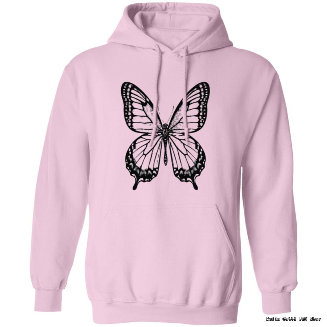 Pink hoodie with black butterfly design.