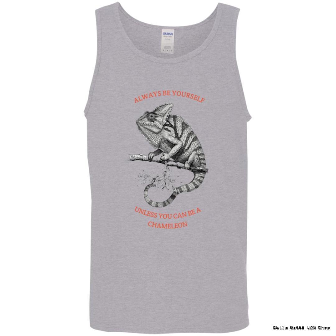 Tank top with chameleon design and funny quote.
