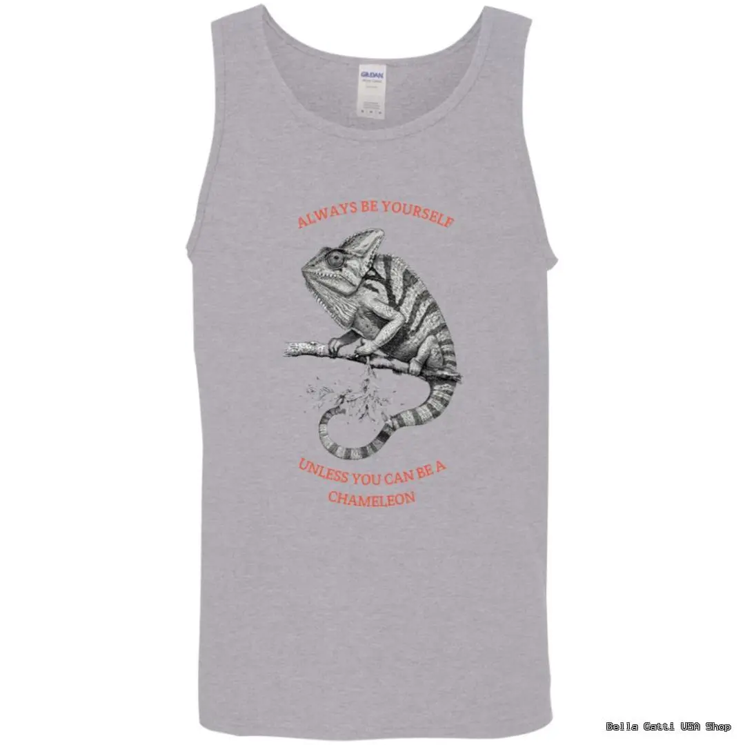 Tank top with chameleon design and funny quote.