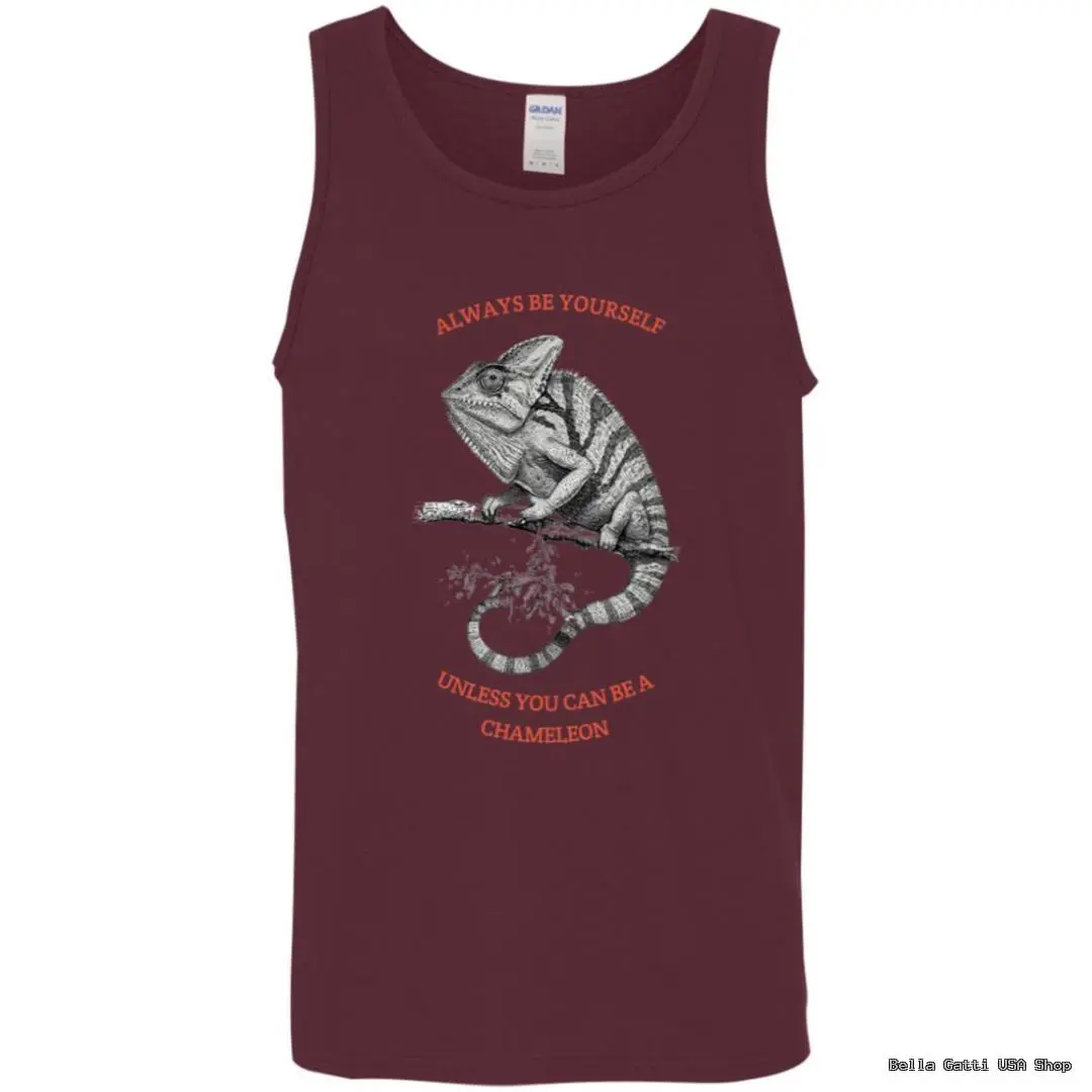 Maroon tank top with chameleon graphic and text.