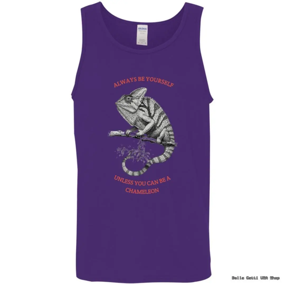 Purple tank top with chameleon design and quote.