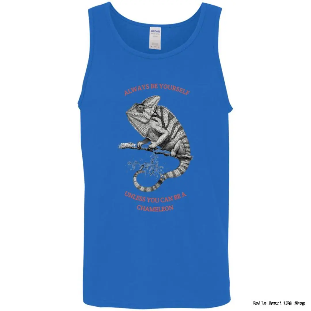 Blue tank top with chameleon design and quote.
