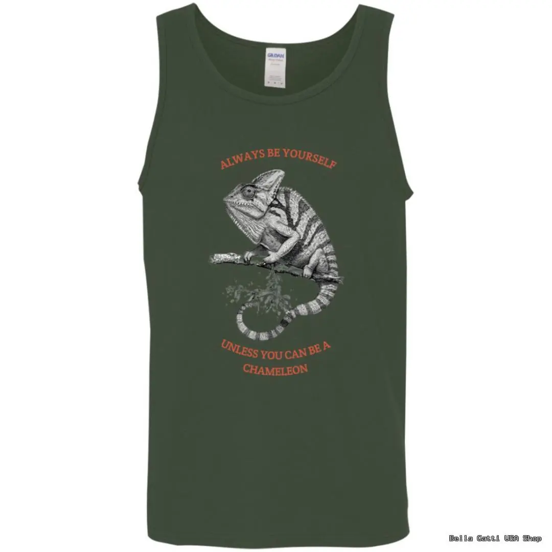 Tank top with chameleon graphic and quote.