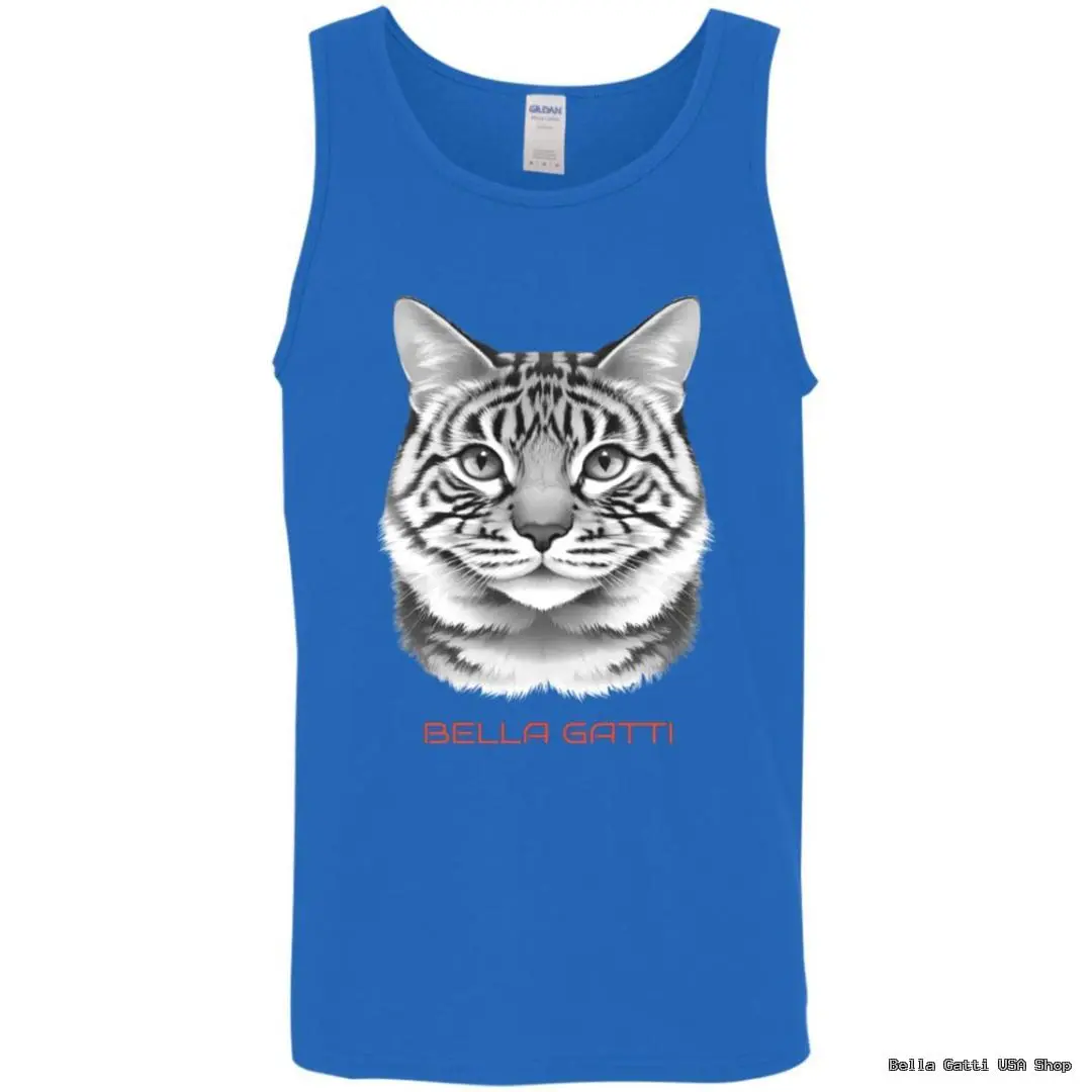 Blue tank with cat face graphic.