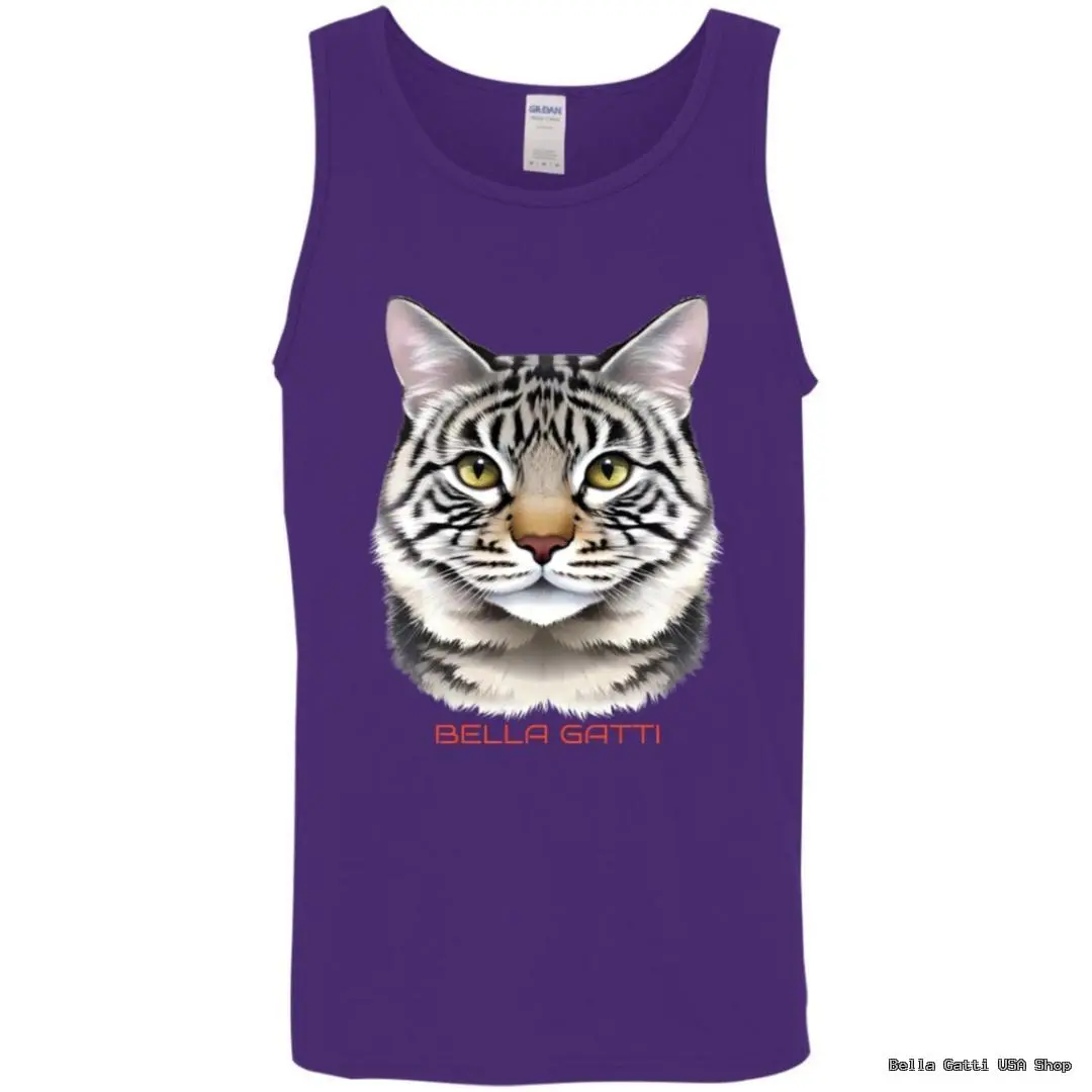 Purple tank top with cat illustration and text.
