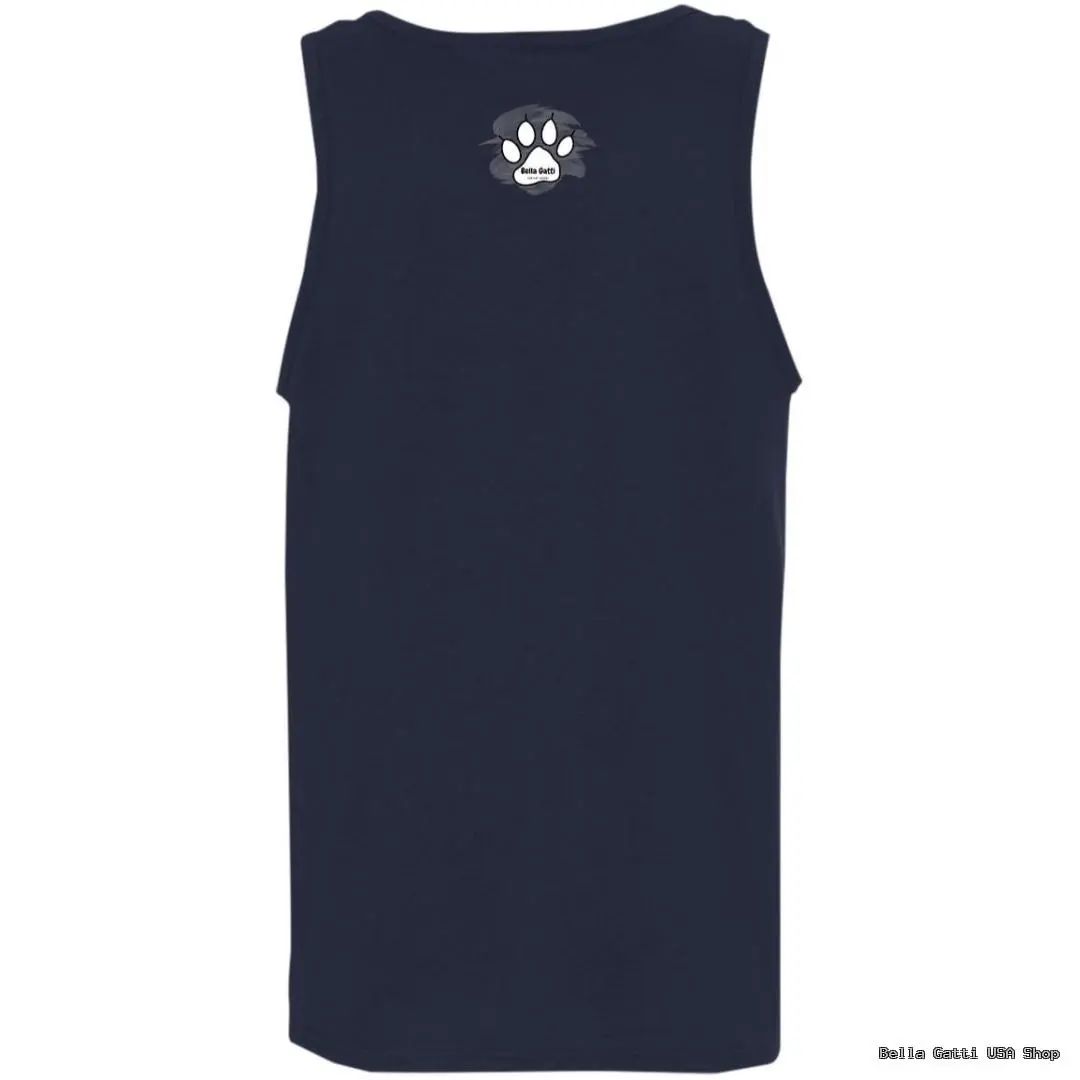 Navy tank top, back view with logo