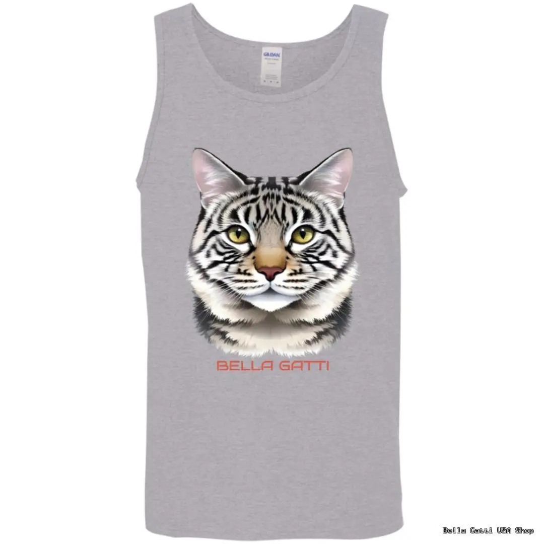 Gray tank top with cat illustration, Bella Gatti text.