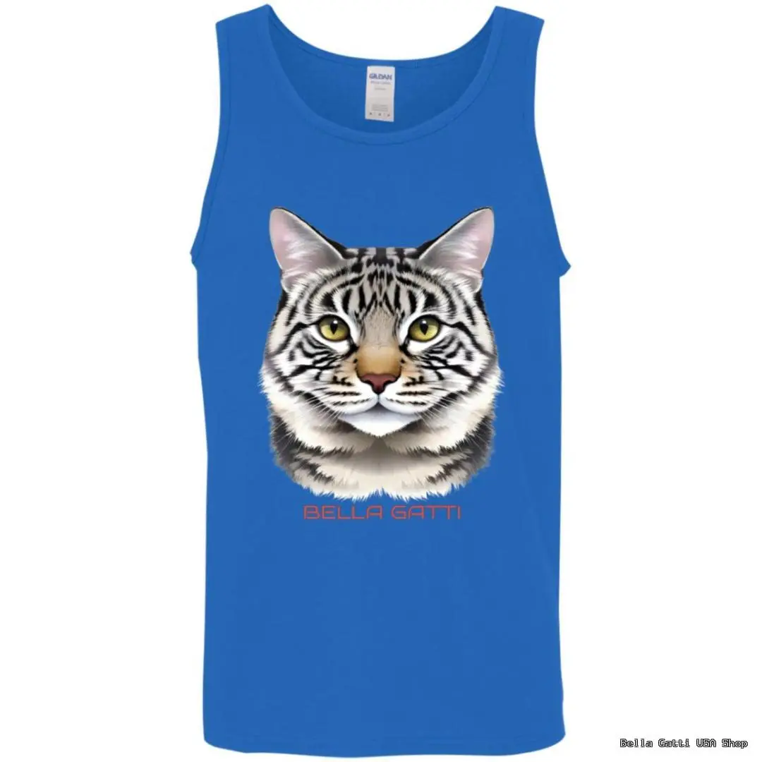 Blue tank top with cat face graphic.