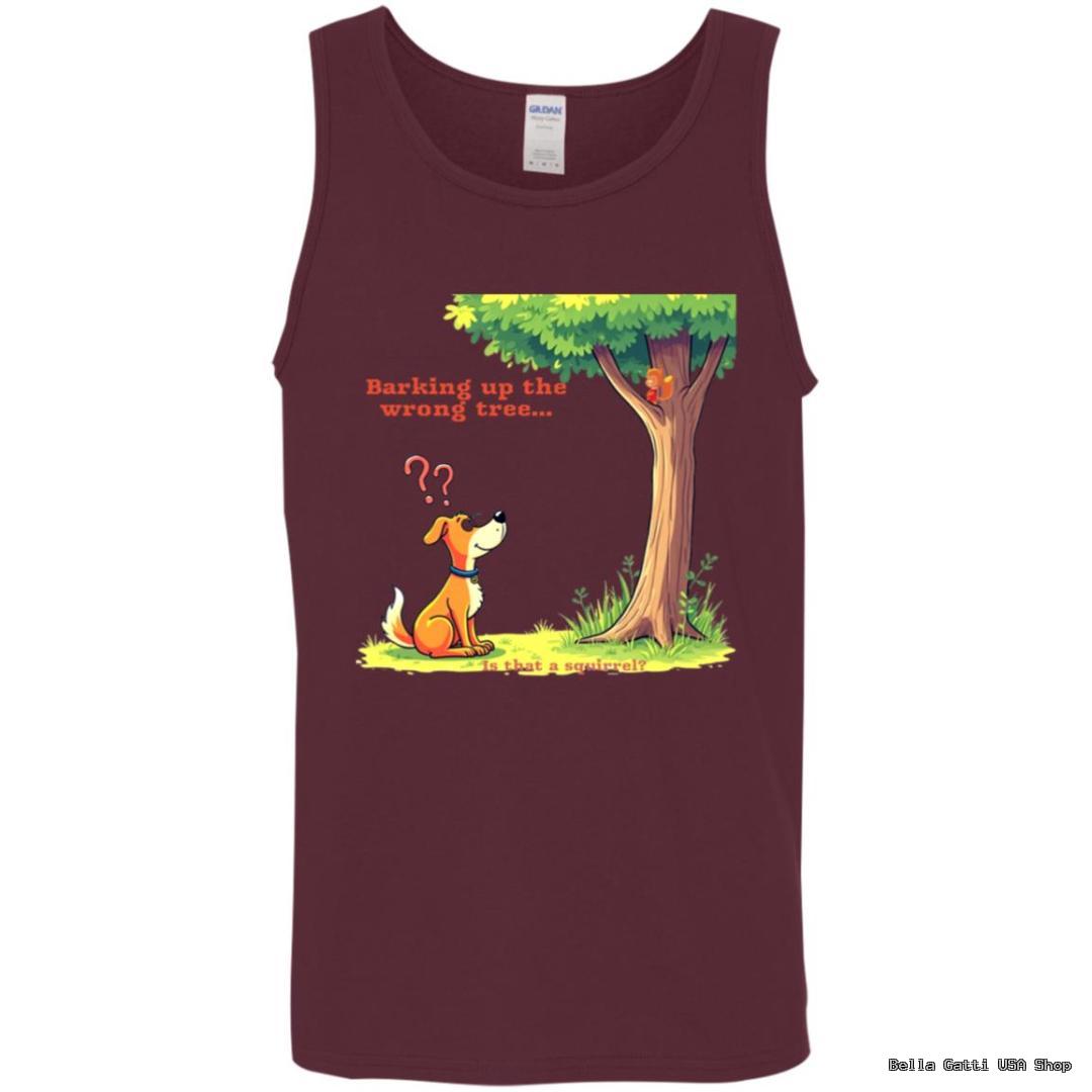 Cartoon dog barking at tree with squirrel.