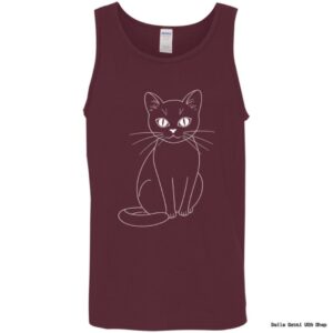 Burgundy tank top with white cat line art