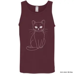 Burgundy tank top with white cat line art