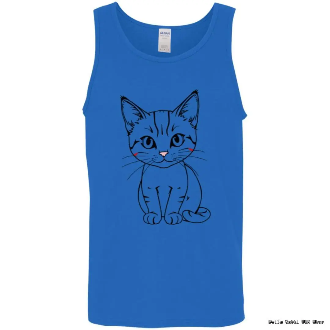 Blue tank top with cute cat illustration.
