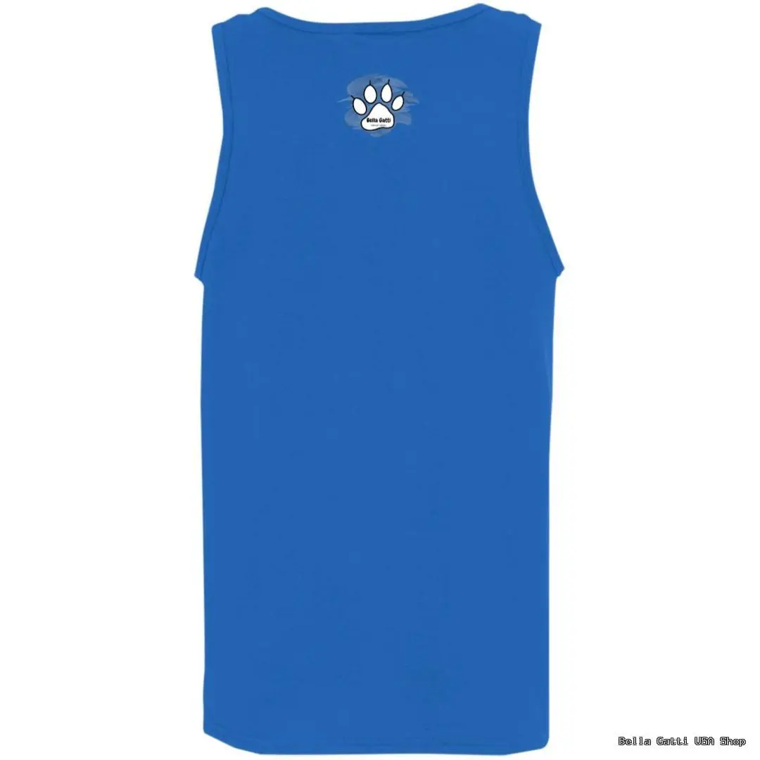 Blue tank top with paw print logo.