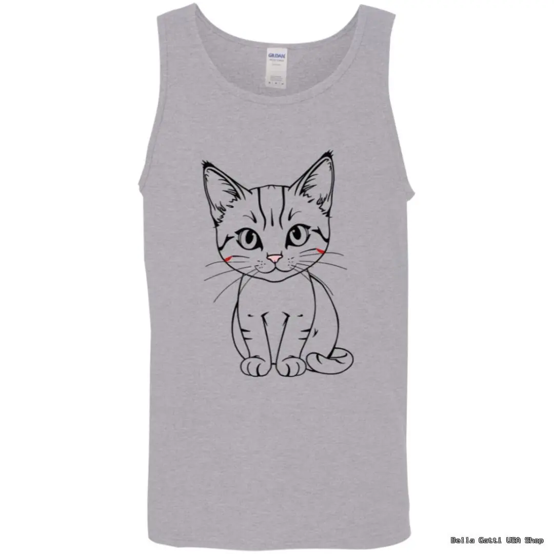 Gray tank top with cute cat illustration.