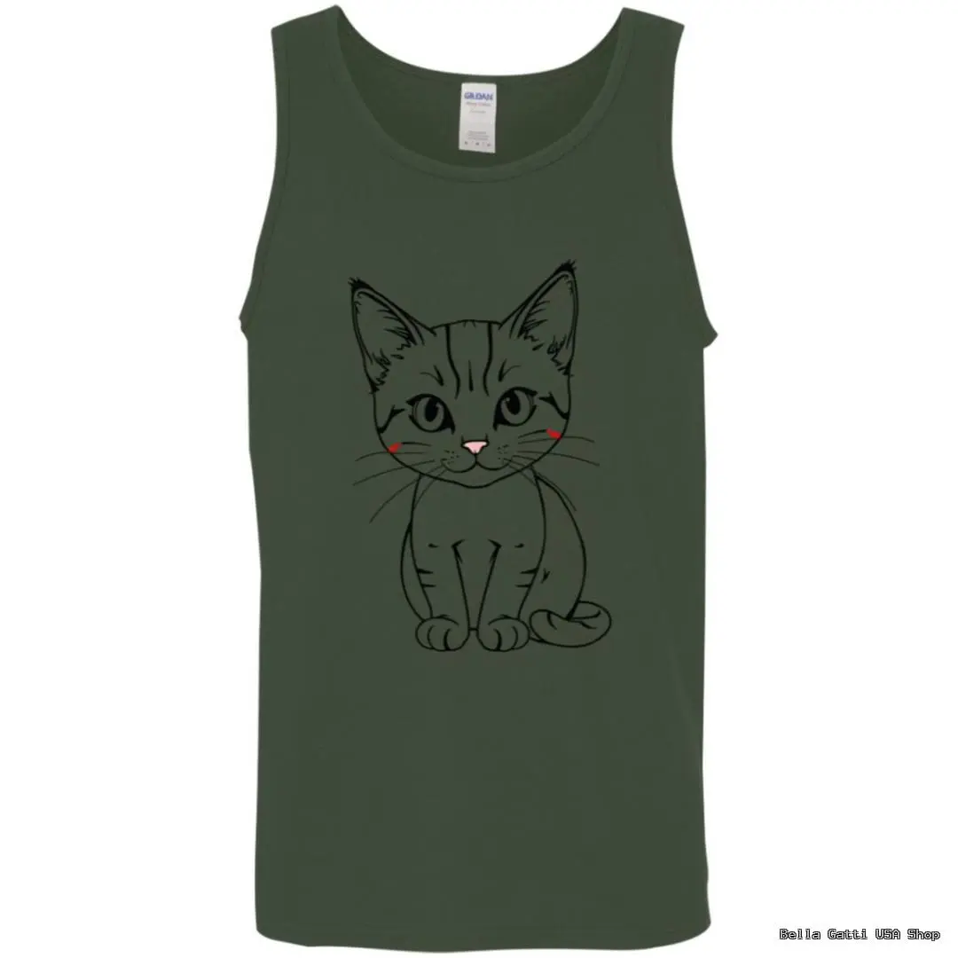 Green tank top with cute cat illustration.