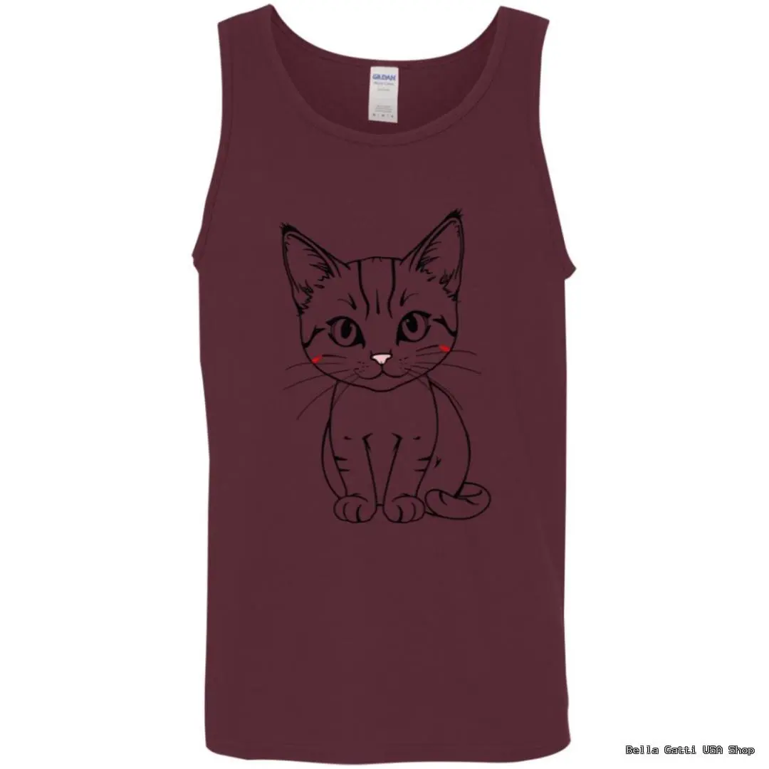 Maroon tank top with cute cat illustration.