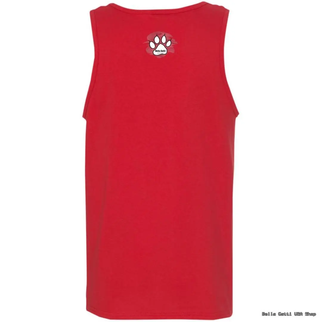 Red sleeveless tank top with logo on back.