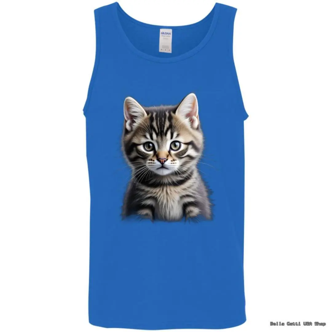 Blue tank top with kitten graphic design.