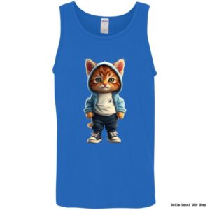 Blue tank top featuring hoodie-wearing kitten graphic.