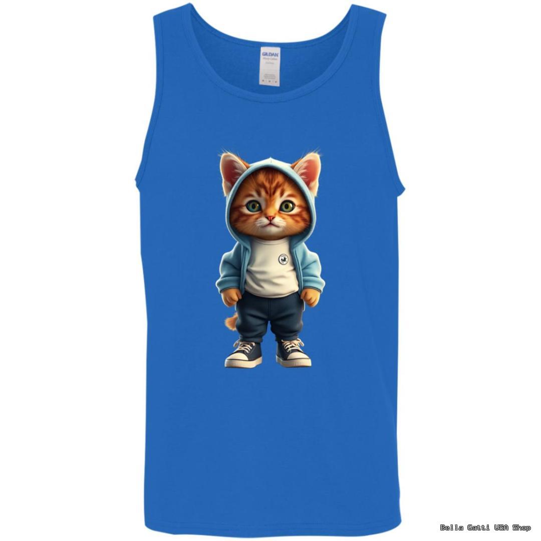 Blue tank top featuring hoodie-wearing kitten graphic.
