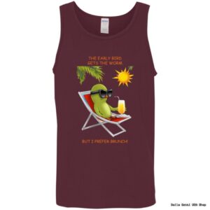 Tank top with lounging bird graphic.