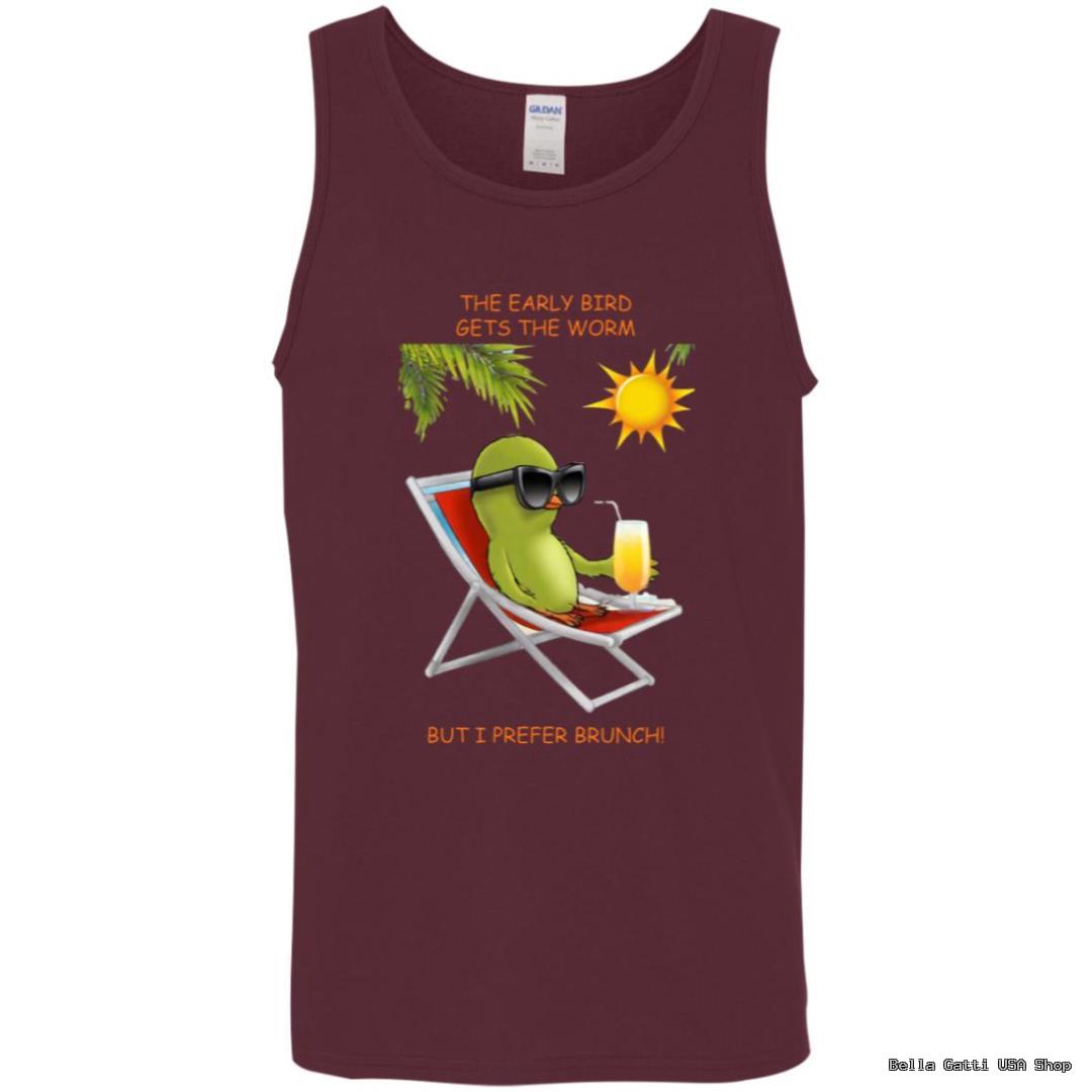 Tank top with lounging bird graphic.