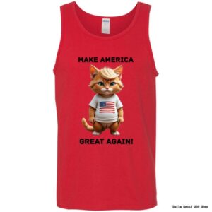 Red tank top with cartoon cat, American theme