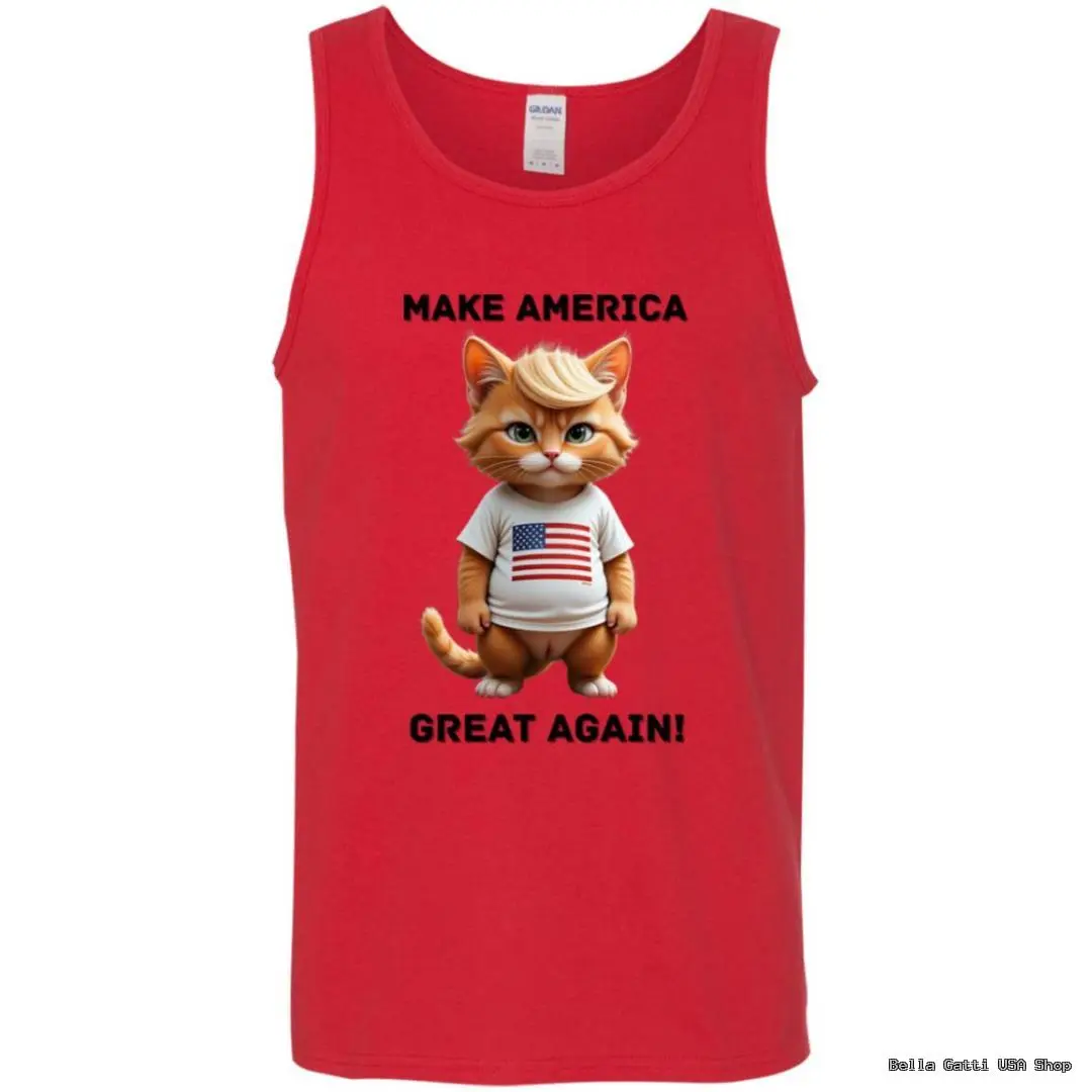 Red tank top with cartoon cat, American theme