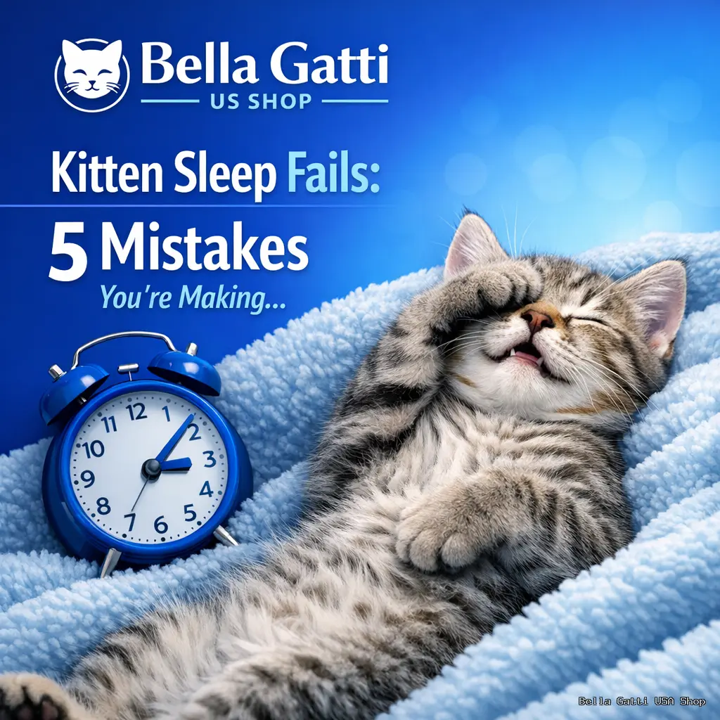 Sleeping kitten with alarm clock and sleep tips.