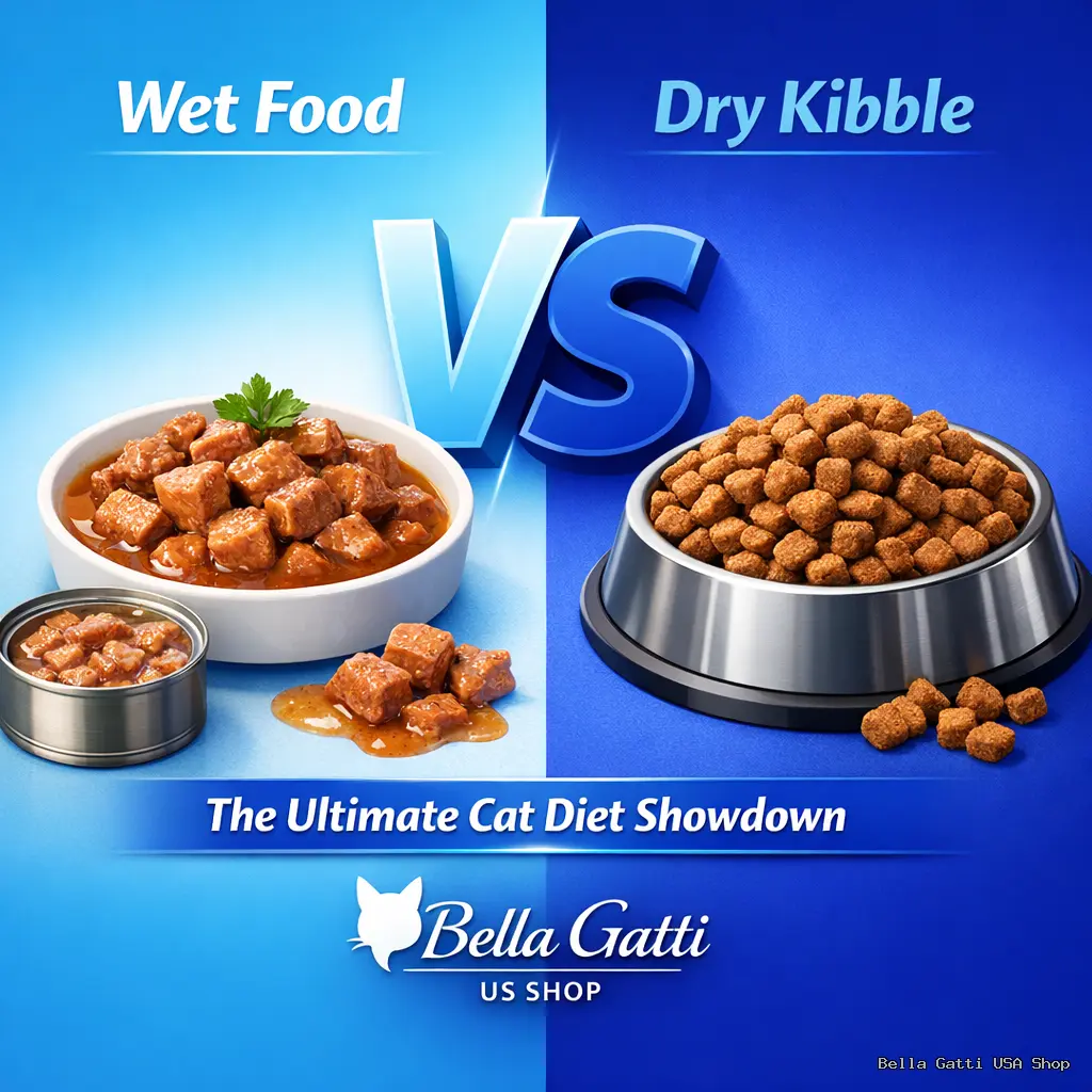Wet food vs dry kibble cat diet comparison.