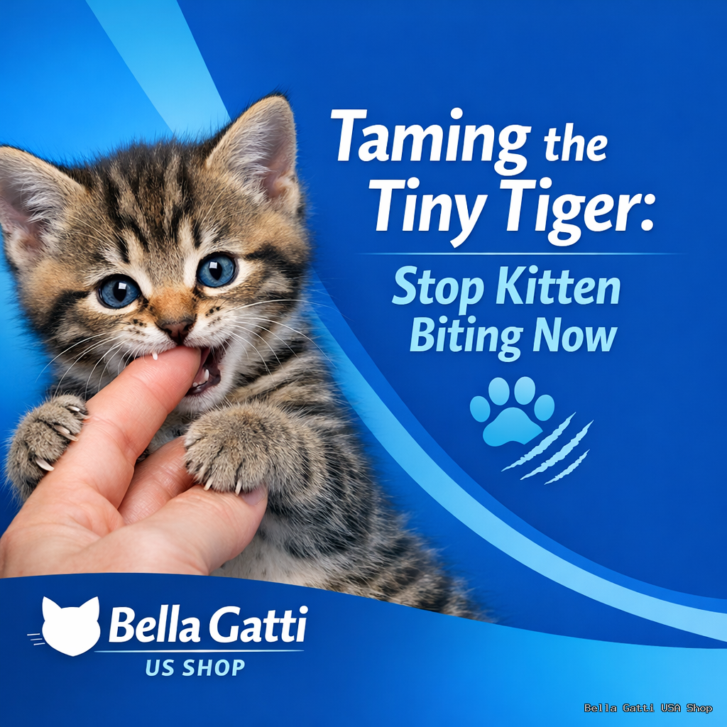 Kitten playfully biting finger, Bella Gatti promotion.