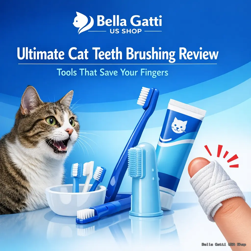Cat teeth brushing tools and protective wrap.