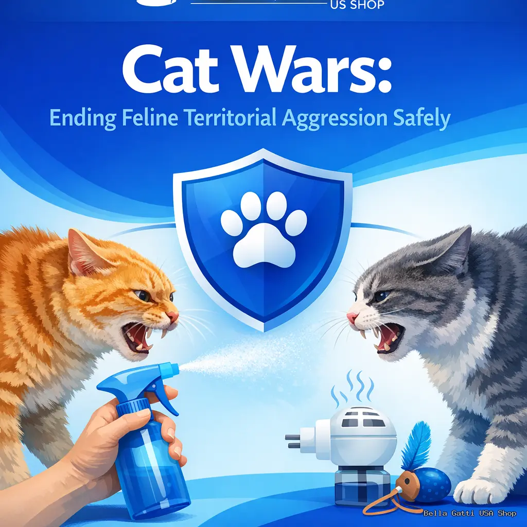 Cats facing off, calming products in middle.